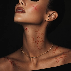 Macro shot of realistic red vein tattoo stickers applied on model's face and neck