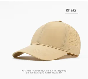 Detail of khaki breathable mesh baseball cap with laser-cut ventilation holes