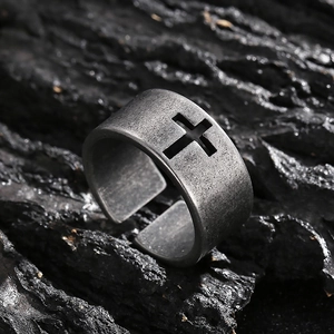 Vintage stainless steel open ring with hollow cross design in antique silver finish