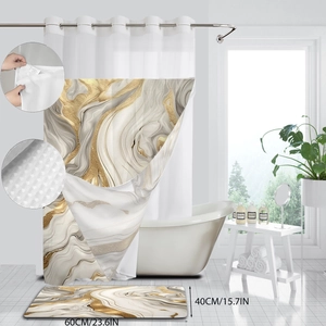 Detail of abstract marble shower curtain set with anti-slip bath mat dimensions