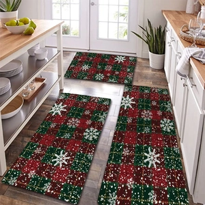 Three-piece Christmas flannel kitchen mats set with red and green plaid and snowflake pattern