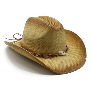 Gradient woven straw cowboy sun hat with purple beads and seashell trim for summer travel