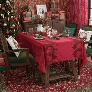Red Christmas lace tablecloth with scallop edges and festive floral patterns for home