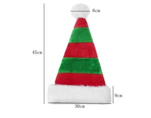 Detailed size specifications for striped plush Christmas hat with white pompom and dimensions