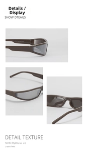 Detail view of Y2K futuristic sports sunglasses showing hinge and frame specifications
