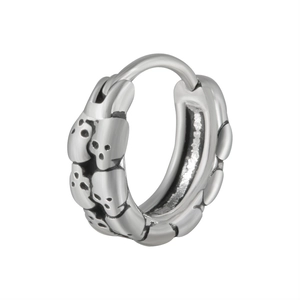 Silver stainless steel punk hoop earring with gothic skull relief and antique finish