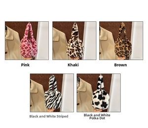 Detail showing plush faux fur bucket bags in leopard, zebra, and cow prints for winter
