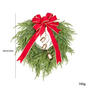 Bohemian Christmas wreath with red velvet bow, gold bells and green pine needles 50cm