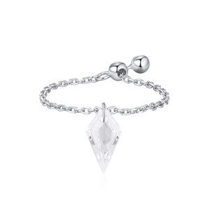 Adjustable S925 sterling silver chain ring with a sparkling clear rhombus crystal pendant