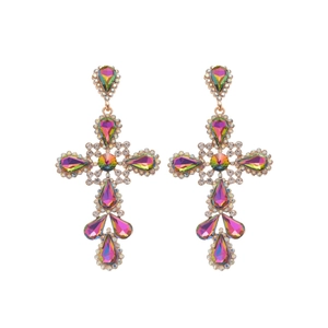 Vintage gold cross earrings with colorful rhinestones and crystals on white background