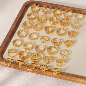 Set of minimalist gold stainless steel rings with heart and geometric open designs
