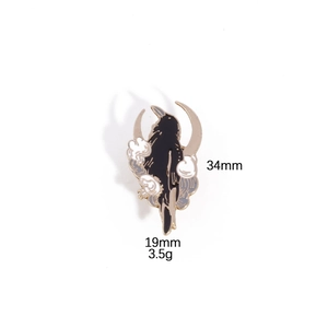 Detailed dimensions of a black raven enamel brooch with crescent moon and white clouds