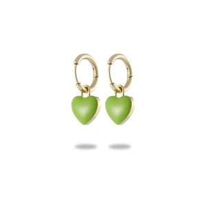 Golden stainless steel hoop earrings with green enamel heart charms on a white background