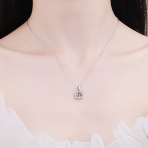 Elegant S925 sterling silver square halo necklace with sparkling moissanite on a model