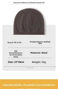 Size chart showing wool knitted beanie dimensions and stretch fit for women