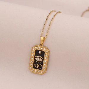 Celestial gold stainless steel pendant necklace with moon star and evil eye rhinestones