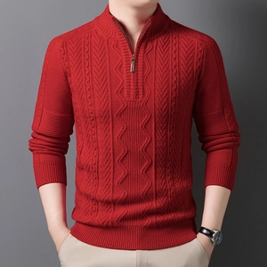 Men's red cable-knit sweater with a half-zip stand collar and long sleeves for casual wear