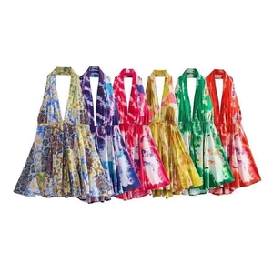 Vestito Mini Halter Schiena Scoperta Donna Stampa Floreale Tie Dye Senza Maniche Poliestere Estate Spiaggia