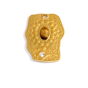 Gold stainless steel textured pendant with brown tiger eye stone and small white crystal