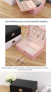 Detail of PU leather jewelry box showing ring slots and removable dividers in three colors