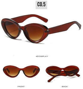 Detailed multi-angle view of brown cat eye sunglasses with translucent frames and tinted lenses