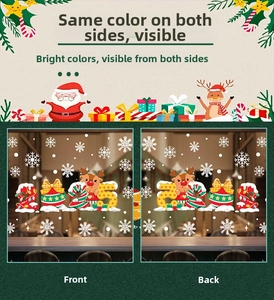Detailed view of double-sided Christmas window stickers with elk and snowflake patterns