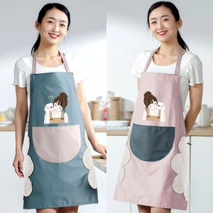 Waterproof kitchen aprons in blue and pink with cute girl print and hand towels