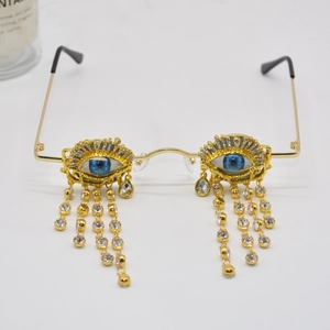 Vintage round sunglasses with blue evil eye design and sparkling diamond tassels