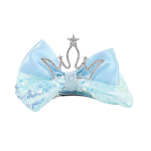 Sparkly light blue sequin bow hair clip with rhinestone crown for girls' princess styling