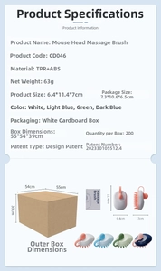 Detailed specifications of the mouse-shaped hair scalp massager brush in multiple colors