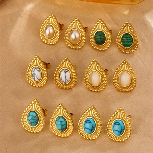 Vintage Teardrop Stud Earrings 18K Gold Plated Stainless Steel With Faux Artificial Pearl Turquoise Cat Eye Stone For Women Palace Style