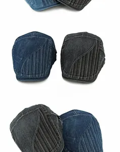 Détail d'une casquette en denim avec empiècements latéraux à rayures verticales cousues