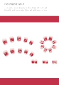 Macro shot of gradient red press-on nails with rectangular aurora rhinestones