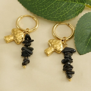 Gold mushroom earrings with black natural stone bead charms for women in 18k finish