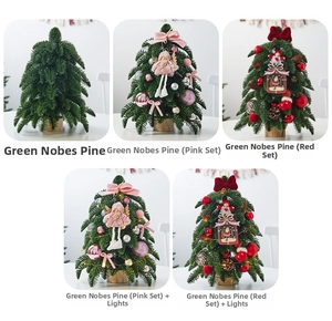 Miniature Noble Fir Christmas tree options with pink or red ornaments and warm LED lights
