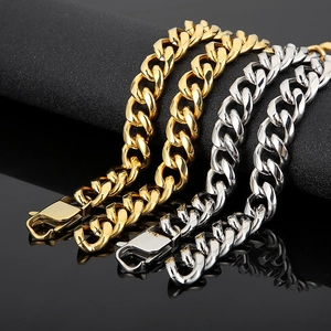 Men Stainless Steel Cuban Link Chain Necklace Bracelet Hip Hop Style Heavy Polished Fashion Jewelry Gold Silver Color