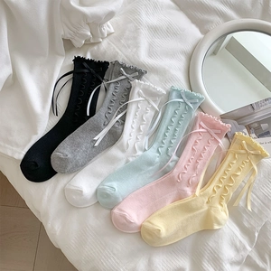 Sweet Japanese style crew socks with ruffle trim and bow in 6 assorted pastel colors