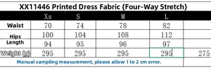 Size chart for casual printed midi skirt showing waist, hip, and length measurements