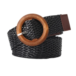 Bohemian braided belt for women with a vintage round wooden buckle and black woven strap