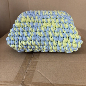 Handmade crochet cloud bag in blue and yellow thick yarn, stylish woven clutch handbag