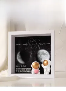 Detail of 3D moon phase shadow box featuring astronaut models and custom star map