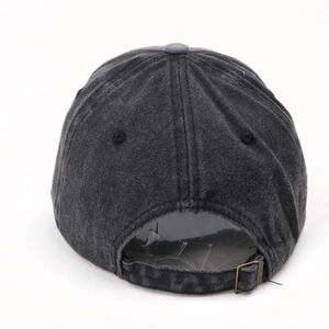 Rear view of washed dark grey baseball cap showing adjustable antique brass buckle