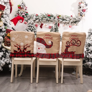 Kerst Stoelhoes Jute Linnen Geborduurd Rendier Ruitjes Ruches Hem Eetkamerstoel Beschermer Vakantie Feest Decoratie