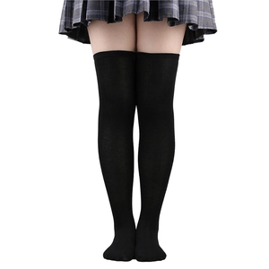 Close-up of black over-the-knee socks with high-elastic knit fabric and pleated skirt style
