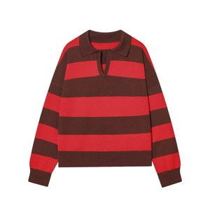 Detailed close-up of ribbed cuffs and V-neckline on the striped knit Polo shirt