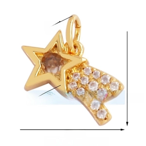 Detailed view of a gold shooting star pendant with champagne stone and white zircon pave