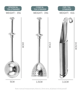Size and weight comparison of three stainless steel tea infusers on a white background