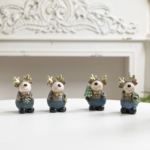 Set of 4 festive resin Christmas reindeer figurines with golden antlers and blue overalls