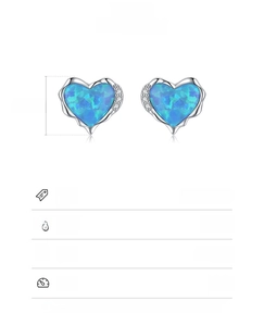 Detailed view of 925 sterling silver heart opal stud earrings with precise dimensions