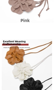 Detailed close-up of woven flower belt charms in pink, brown, white and black colors